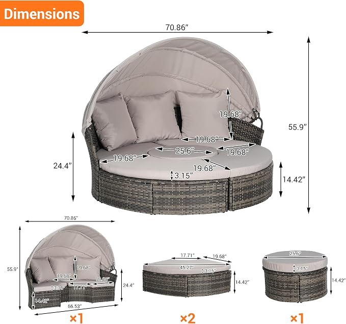 Merax 5 Pieces Outdoor Patio Round Daybed Furniture, All-Weather Wicker - Image 2