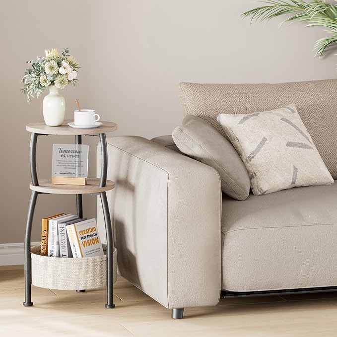 Round Side Table with Storage Basket –Small Space Saving End Table 3-Tier - Image 4