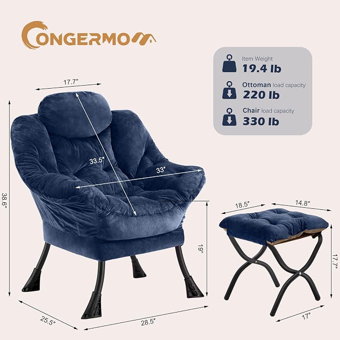 Lazy Chair with Folding Ottoman, Leisure Sofa Chair, Soft Fabric Armchair with - Image 3