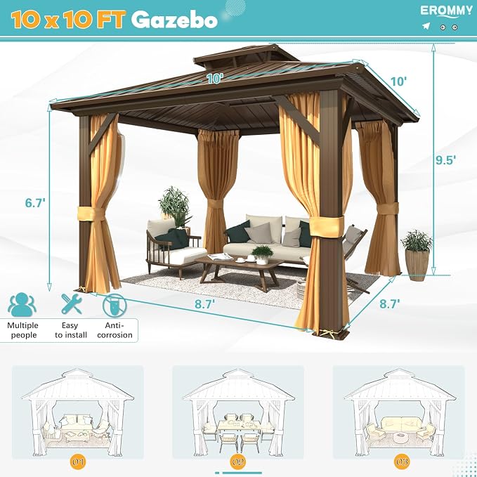EROMMY 10' x 10' Hardtop Gazebo, Aluminum Frame Gazebos - Image 2