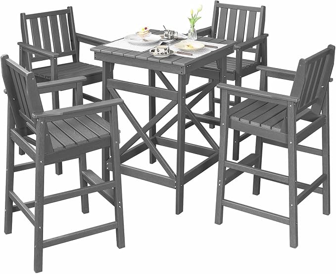 5 Pieces Adirondack Bar Chairs Set, HDPE Patio Bar Height Table and Chairs by SeeHill