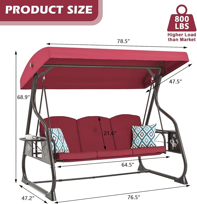 3-Seat Patio Porch Swing 800LBS Outdoor Swing - Image 7