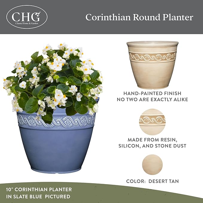 Classic Home and Garden Corinthian Resin Flower Pot Planter, Desert Tan - Image 2