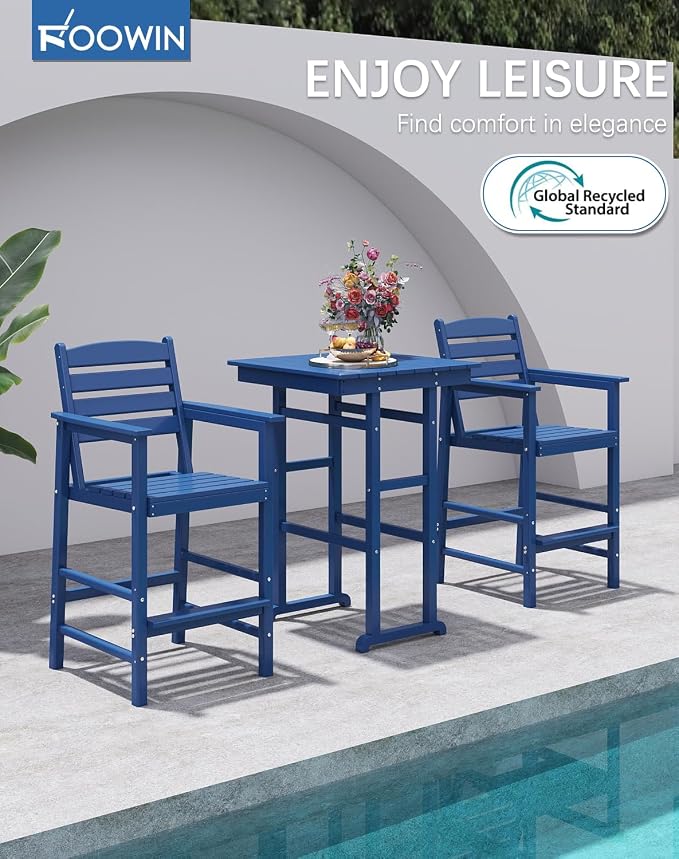FOOWIN 3 Piece Outdoor Bar Height Table and Chairs, All Weather HDPE Patio Bar - Image 2
