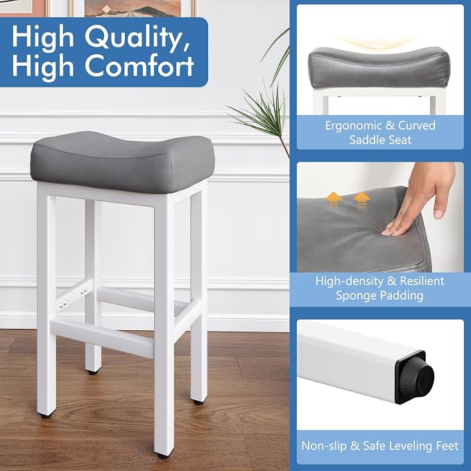 29 Inch Bar Height Bar Stools Set of 2, Backless Bonded Leather Bar Height - Image 3