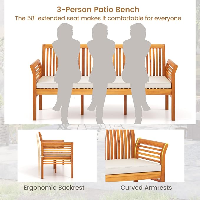 HAPPYGRILL 3-Person Outdoor Bench Acacia Wood Porch Bench, Garden Bench - Image 6