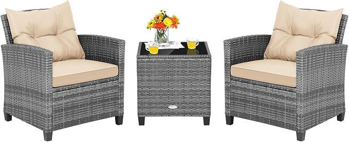 Tangkula 3 Pieces Wicker Patio Furniture Set, Outdoor Rattan Conversation by TANGKULA