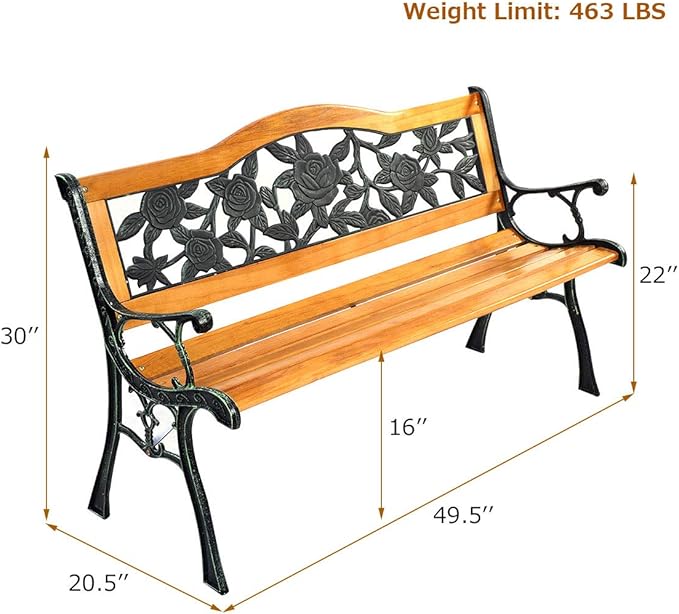 Giantex 50 Inch Patio Bench, Outdoor Furniture Rose Cast Iron Hardwood Frame - Image 2