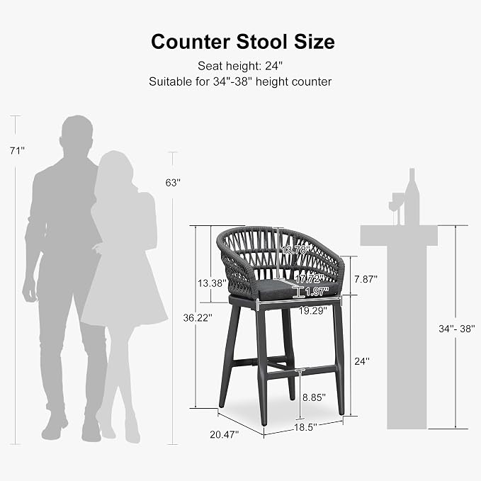 PURPLE LEAF Outdoor Rattan 24" Counter Height Bar Stools Chair Set of 2 - Image 3