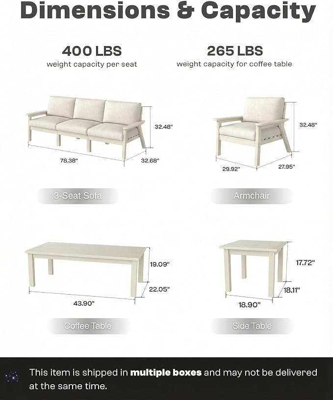 Patio Furniture Set with Washable Thick Beige Cushions, HDPE Outdoor Couch - Image 6