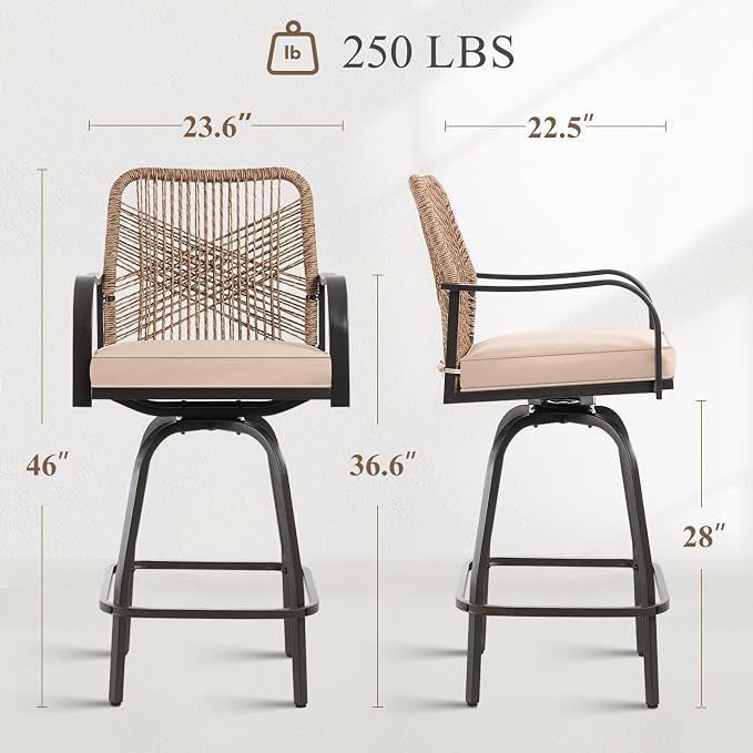 Outdoor Bar Stools Set of 2, 360° Swivel Metal Frame, Wicker Patio Bar Height - Image 3