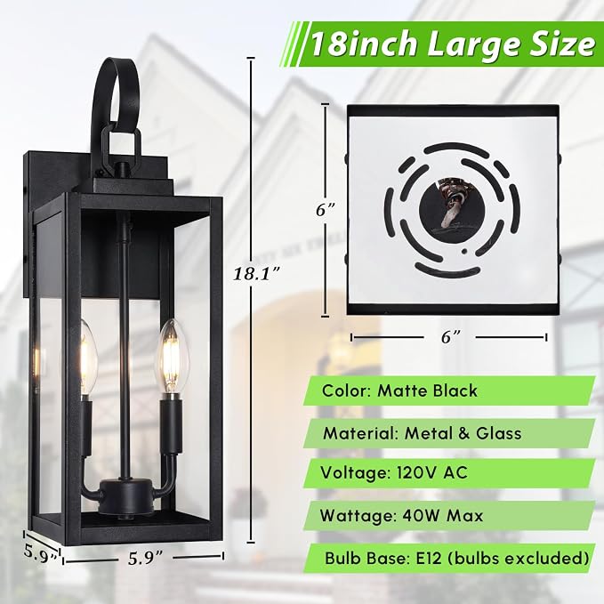 BesLowe 18" Outdoor Wall Light Fixture, 2-Light Large Exterior Lighting Fixture - Image 6