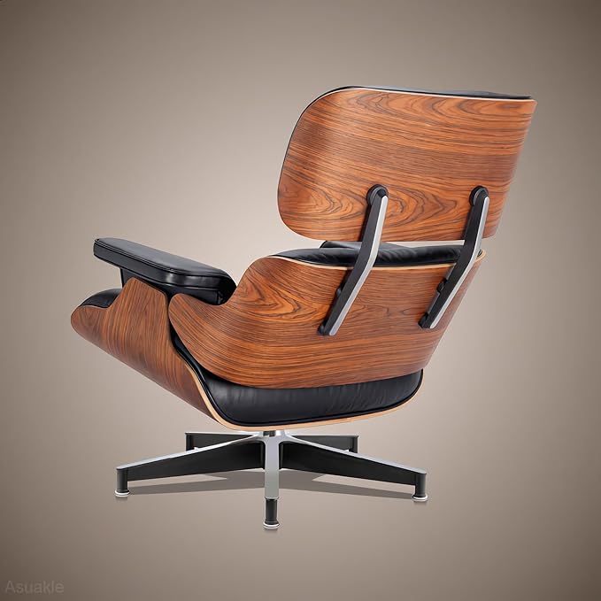Top Black Grain Leather, Mid Century Chaise Lounge Chair and Ottoman, Accent - Image 9