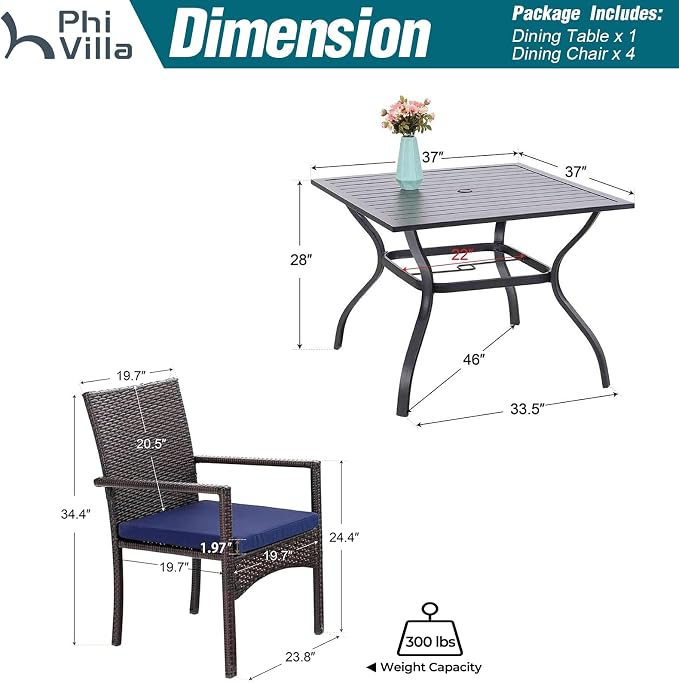 PHI VILLA 5 Piece Patio Dining Table Set - Image 9