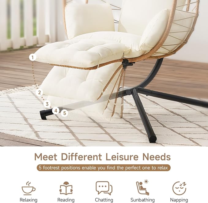 ONBRILL Hanging Egg Chair with Adjustable Footrest & Stand, Wicker Rattan Swing - Image 2