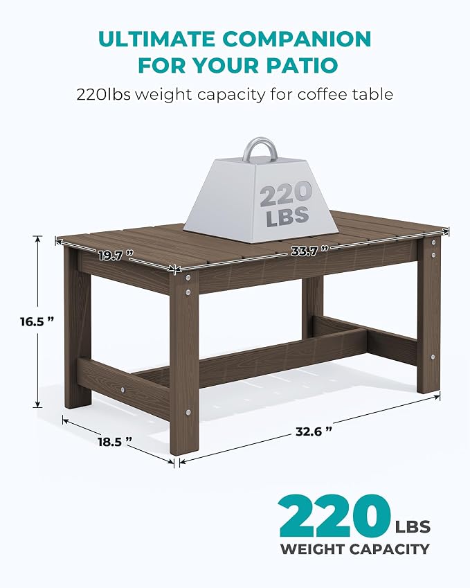 SERWALL HDPE Patio Coffee Table, Rectangle Outdoor Coffee Table, All Weather - Image 3
