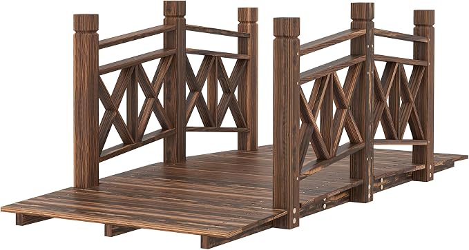 5FT Wooden Garden Bridge with Handrails, Decorative Landscape Footbridge - Image 8