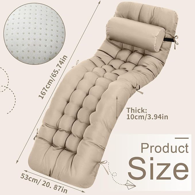 Tudomro 2 Pcs Light Camel 66'' Outdoor Chaise Lounge Cushion Waterproof Patio - Image 2