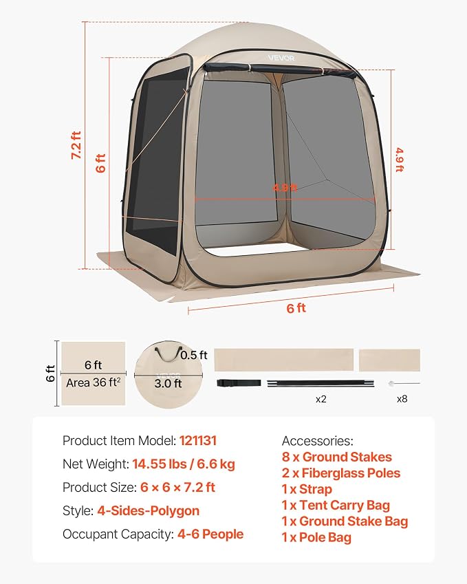 VEVOR 6 x 6 ft Pop up Screen House Tent, 4-6 Person Portable Screen Gazebo - Image 7
