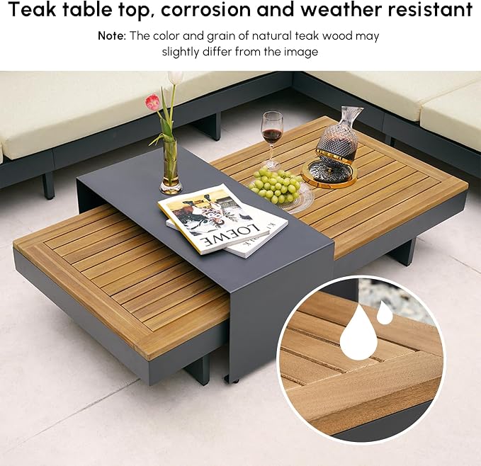 homary 6 Piece Aluminum & Teak Outdoor Sofa Set, Patio Conversation Sets - Image 6