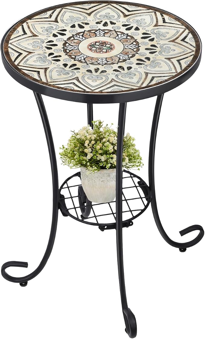 VCUTEKA Outdoor Side Table Mosaic Patio Table Accent Tables Mosaic Tile Top - Image 9
