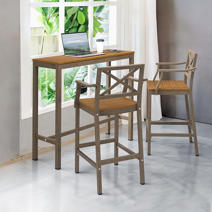 Outdoor Bar Height Table and Chairs Set, 3 Piece Patio Pub Bar Set - Image 2