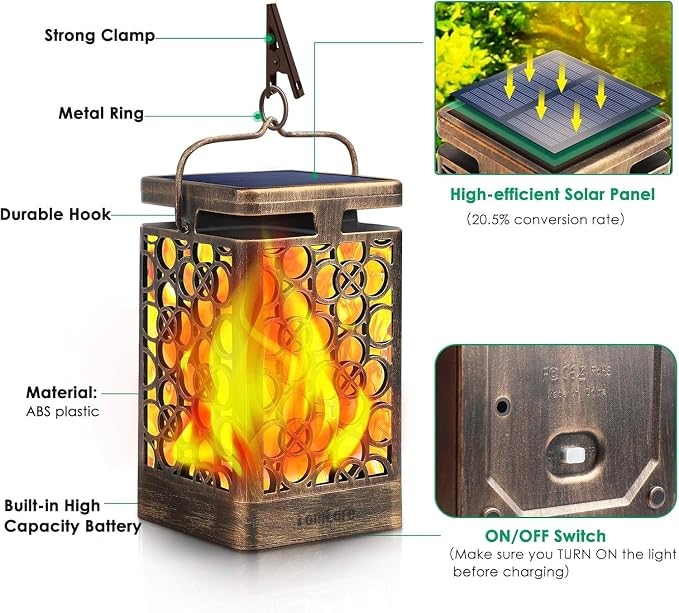 TomCare Solar Lights Upgraded Solar Lantern Flickering Flame Outdoor Hanging - Image 3