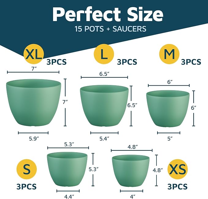 Mint Plant Pots with Drainage Holes & Saucers 15 Pack, Indoor & Outdoor - Image 2