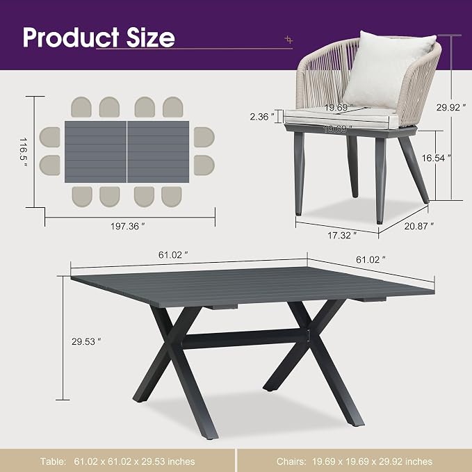 PURPLE LEAF 14 Pieces Patio Dining Set Wicker Outdoor Furniture Oversize - Image 8