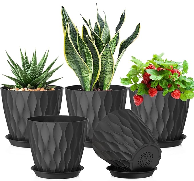 7 inch Plant Pots for Indoor Outdoor Plants, 5 Pack Thick Flower Pots by Meowell