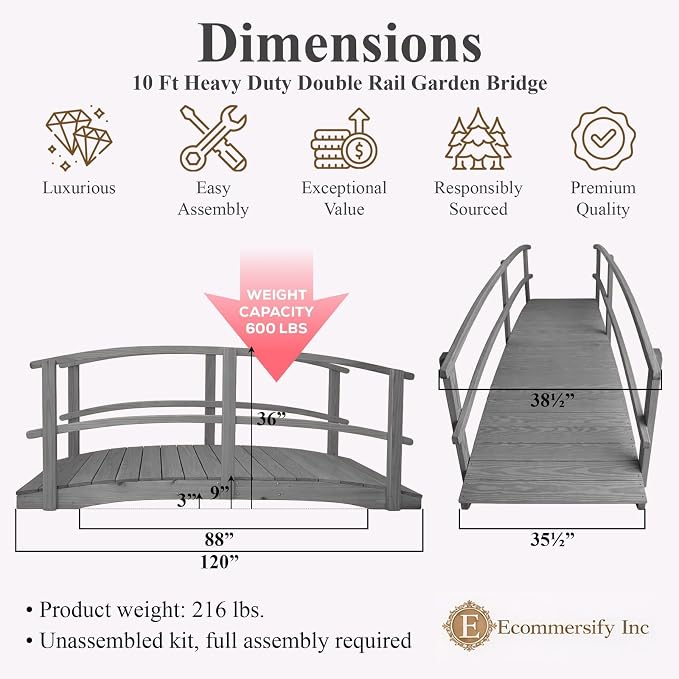 10 FT Grey Amish Made Garden Bridge - Image 2