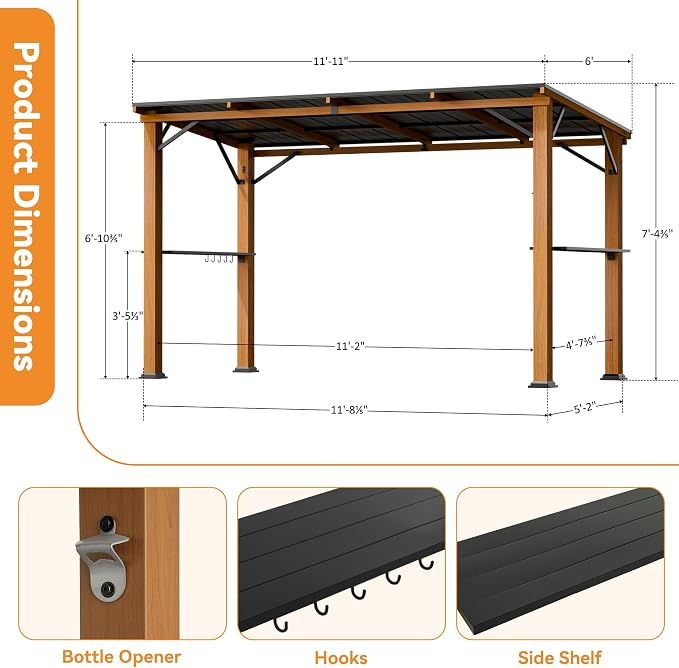 Hardtop Grill Gazebo 6'x12'with Side Shelf, Outdoor Gazebo - Image 3