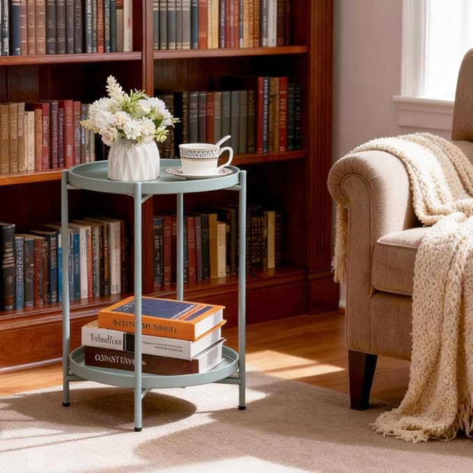 HollyHOME 2-Tier Round Side Table, Outdoor Small Folding Accent Stand - Image 8