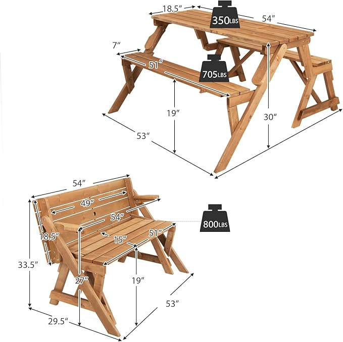 GYMAX Picnic Table, 2 in 1 Convertible Picnic Bench Table Set, Transforming - Image 5