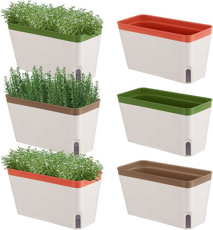 6 Set Window Herb Planter Box Self Watering Plant Pots 10.6 Inch Rectangular by SiliFine