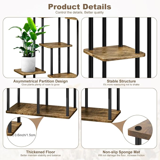 7 Tier Plant Stand Indoor, Thickened Metal Wood Corner Plant Shelf Stands - Image 3