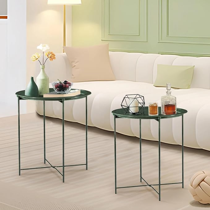 VECELO Side/End Table, Folding Round Metal Anti-Rust and Waterproof Outdoor or - Image 5