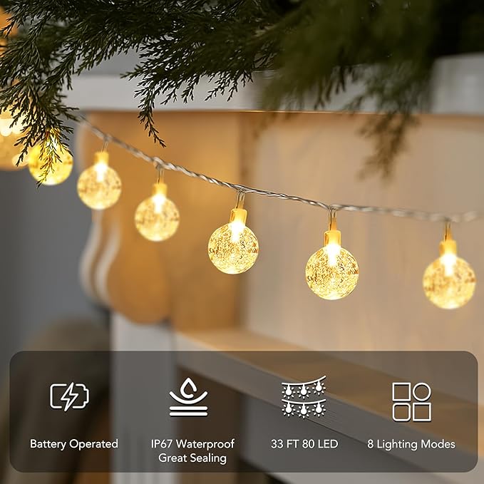 Metaku Globe Fairy Lights Battery Operated 33ft 80LED String Lights - Image 4