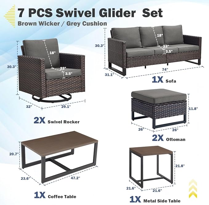 Belord 7 Piece Outdoor Furniture Patio Wicker Sofa Set, Oversize Outdoor Swivel - Image 2