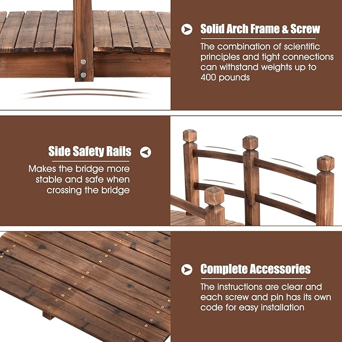 Giantex 5 FT Wooden Garden Bridge, Stained Wood Arc Footbridge - Image 3