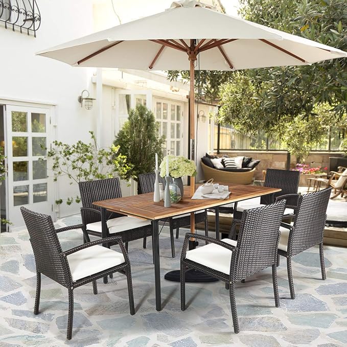Tangkula 7 Pieces Patio Dining Set, Acacia Wood Wicker Dining Furniture Set - Image 2