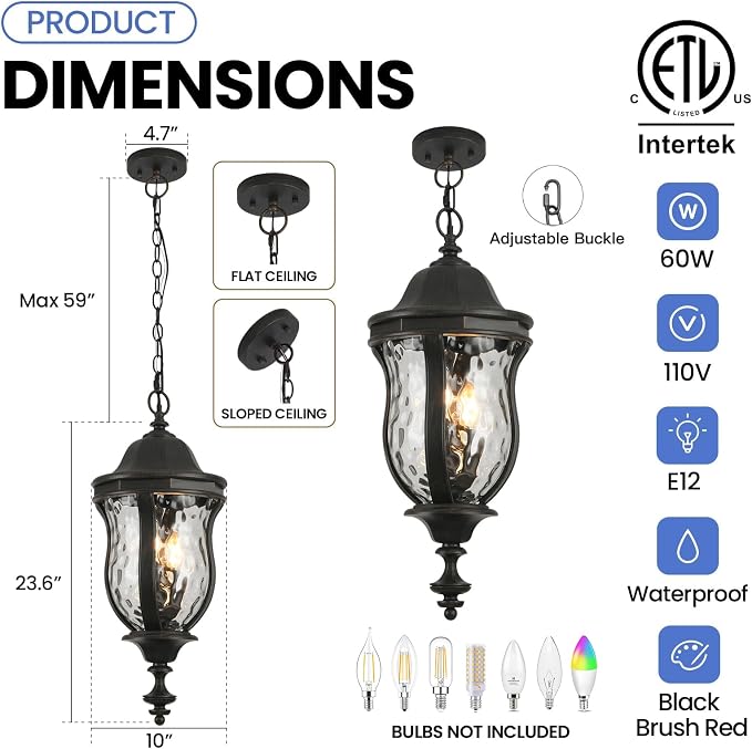 Large Outdoor Pendant Light Fixtures, 23.6'' Exterior Hanging Lantern Porch - Image 5