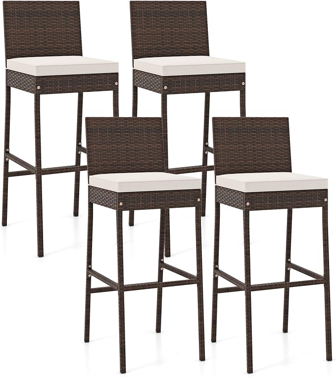 COSTWAY Outdoor Wicker Bar Stools Set of 4, Footrest and Backrest, Rattan by COSTWAY