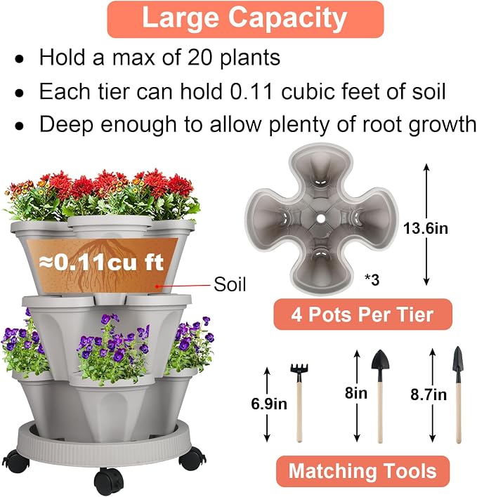 GameXcel Vertical Planter 3 Tier Stackable Planters Garden Planters Strawberry - Image 5