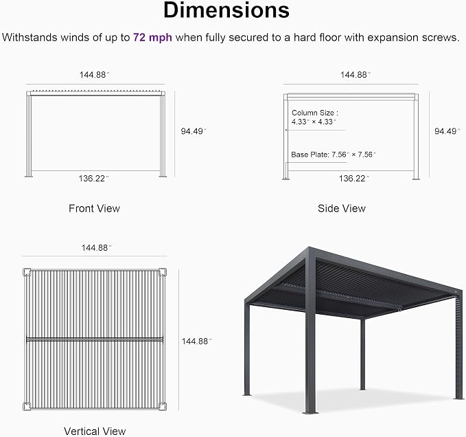 PURPLE LEAF Louvered Pergola 94AS 12' x 12' Outdoor Aluminum Pergola - Image 6
