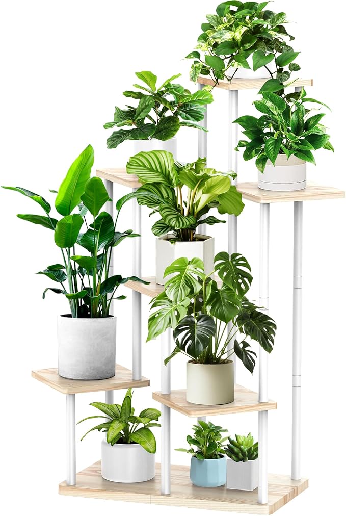 7 Tier Plant Stand Indoor, Thickened Metal Wood Corner Plant Shelf Stands by YOCOMEY