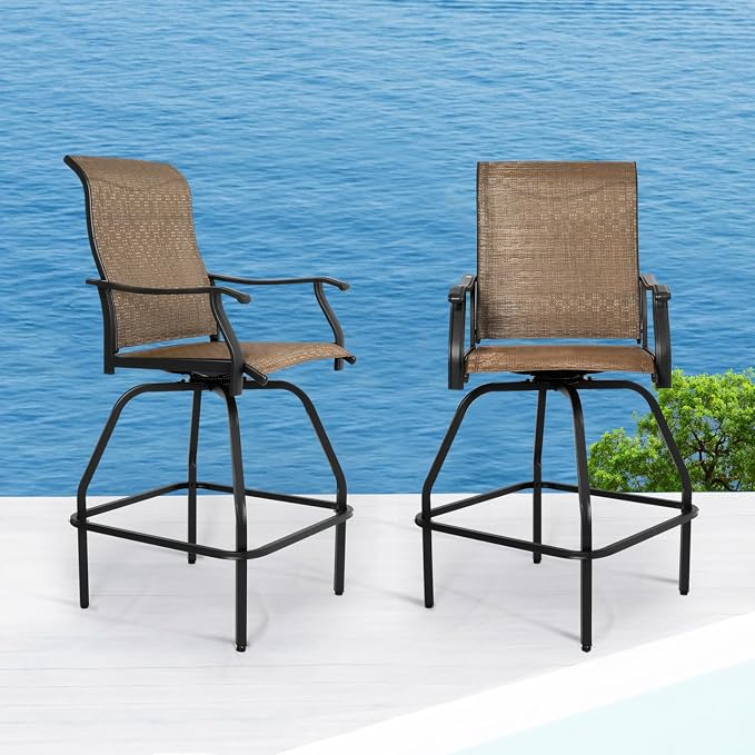 LEVELEVE Patio Bar Set 2pcs Swivel Bar Stools Outdoor Bistro Textilene - Image 7