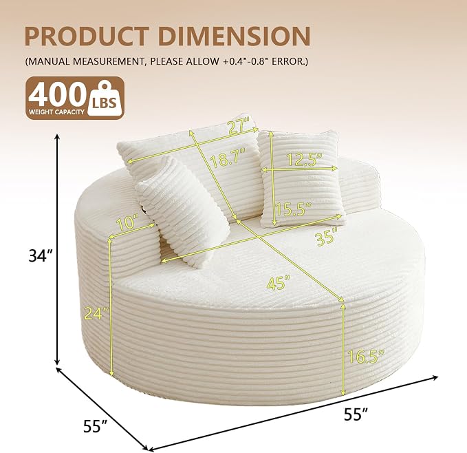 Oversized Round Chair Lounge Chaise Indoor, Upholstered Corduroy Deep Seat - Image 2