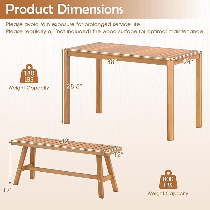 Tangkula 3 Pieces Acacia Wood Patio Dining Set, Outdoor Rectangular Table and - Image 8