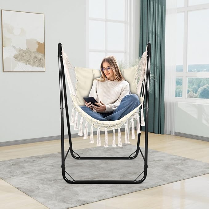 Hammock Chair with U Shape Stand, Cotton Swing Chair with Side Pocket, - Image 7